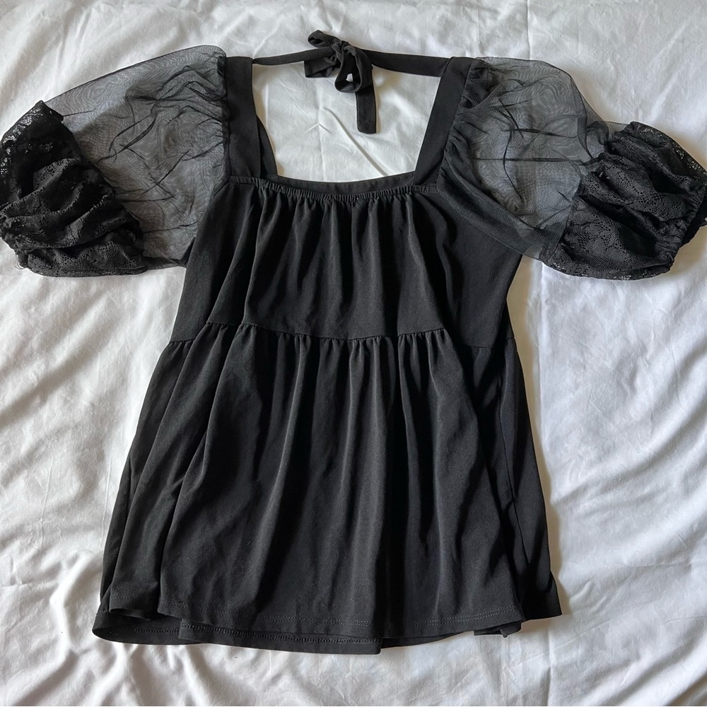 TEMPTED hearts lace puff sleeve organza baby doll top solid black size small